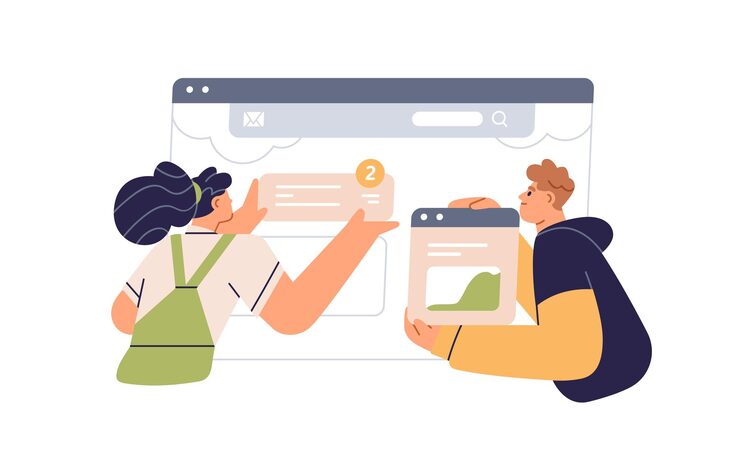 Vector ux ui design and creating website content concept web designers at screen working with page interface arranging text and banners on layout flat vector illustration isolated on white background