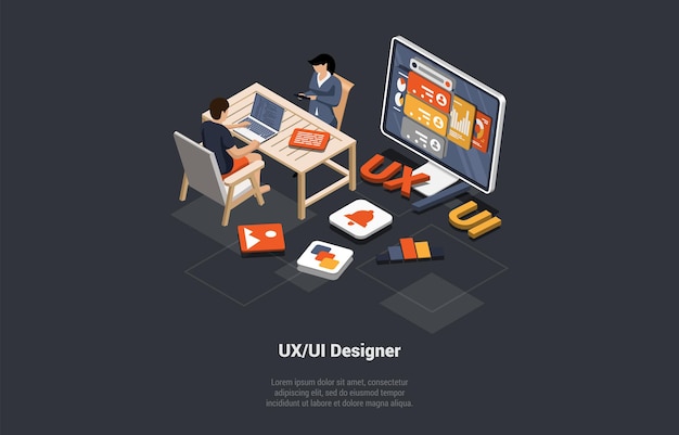 Vector ux ui design artes digitales tipografía iconos concepto diseñadores equipo hombre y mujer en el lugar de trabajo en la oficina crear interfaz de aplicación para dispositivos móviles y pc ilustración de vectores de dibujos animados 3d isométricos