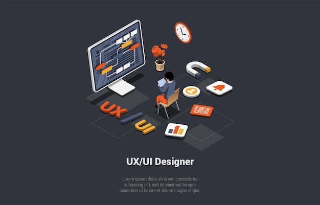 UX UI Diseño Artes digitales Tipografía Iconos Concepto Hombre frente al estudio de desarrollo de software o agencia Creación de prototipos o codificación Marketing en agencia de TI Ilustración vectorial 3D isométrica