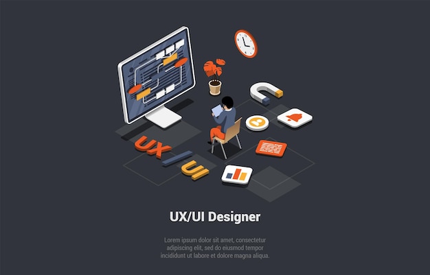 Vector ux ui diseño artes digitales tipografía iconos concepto hombre frente al estudio de desarrollo de software o agencia creación de prototipos o codificación marketing en agencia de ti ilustración vectorial 3d isométrica