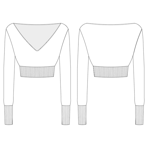 V cuello ancho de costillas manga larga caída hombro blusa de cosecha flácida suéter plantilla dibujo técnico