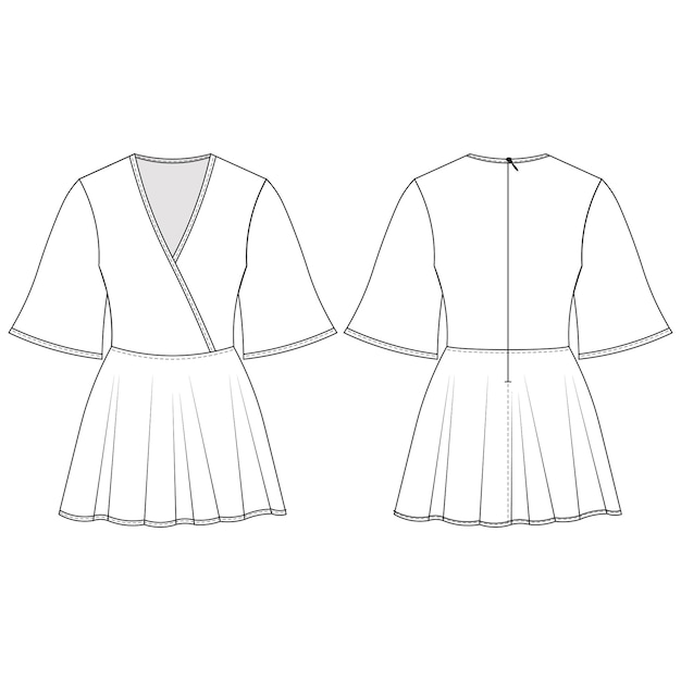 V cuello kimono manga campana media corta 34 manga con cremallera mini un vestido de línea estallado plantilla técnica