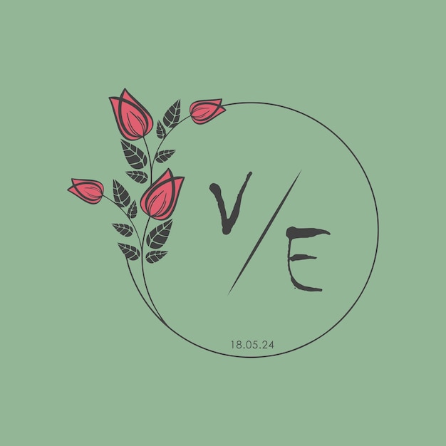 V.E. monograma inicial algunas rosas Círculo de boda con diseño creativo