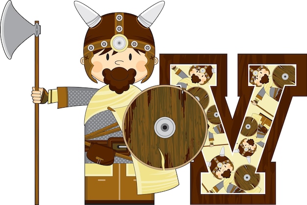 V es para el aprendizaje del alfabeto vikingo Ilustración educativa