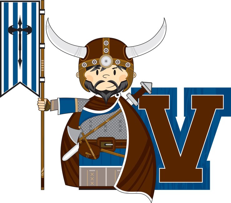 Vector v es para viking con banner bandera alfabeto aprendizaje ilustración educativa