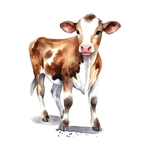 Vaca acuarela tiernos colores cálidos apaciguamiento pasto blanco marrón altura completa naturaleza granja agricultura pueblo agricultor cuidado leche animales concepto vector ilustración