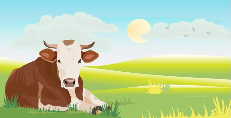 vaca blanca marrón vectorial sentada tumbada campo de hierba campo de la colina pueblo mañana soleado
