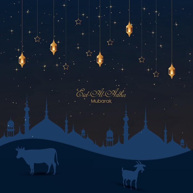 Vaca y cabra caminando por la noche con el saludo del festival islámico de la mezquita en el diseño de papel 04