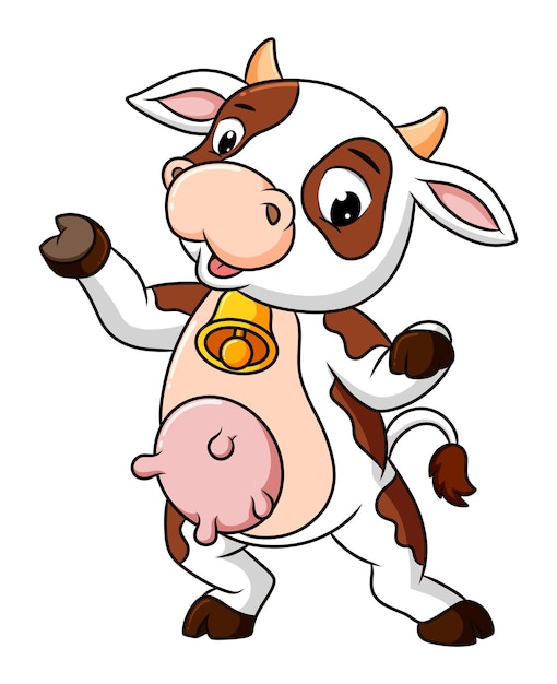 La vaca con la campana del cuello baila con la cara feliz de la ilustración.