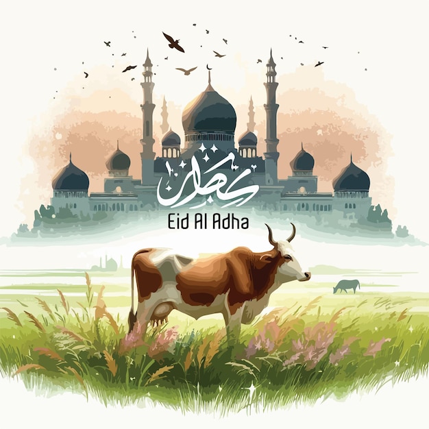 Una vaca en un campo con una mezquita en el fondo Eid al Adha Mubarak Festival fondo islámico