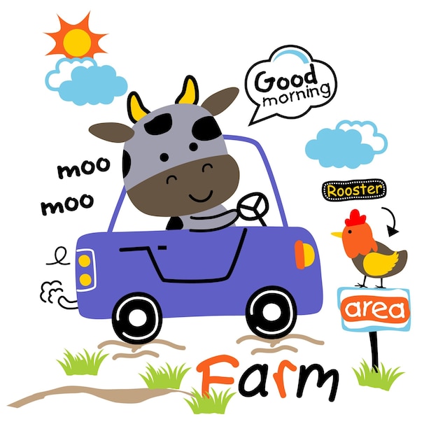 vaca conduciendo un coche divertido animal de dibujos animados