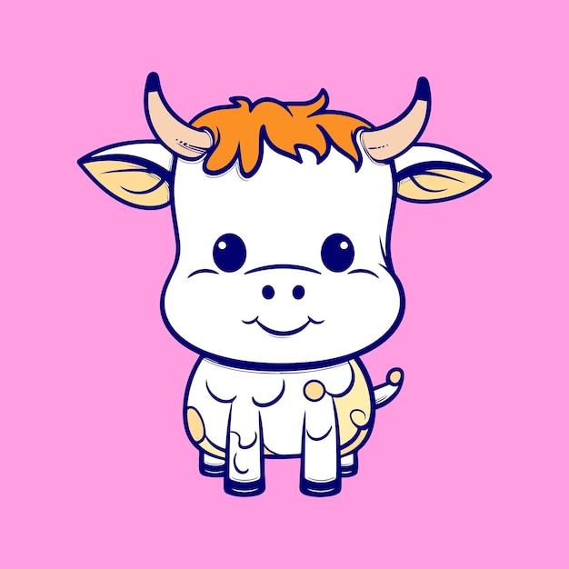 Una vaca con cuernos y nariz roja está de pie sobre un fondo rosa.
