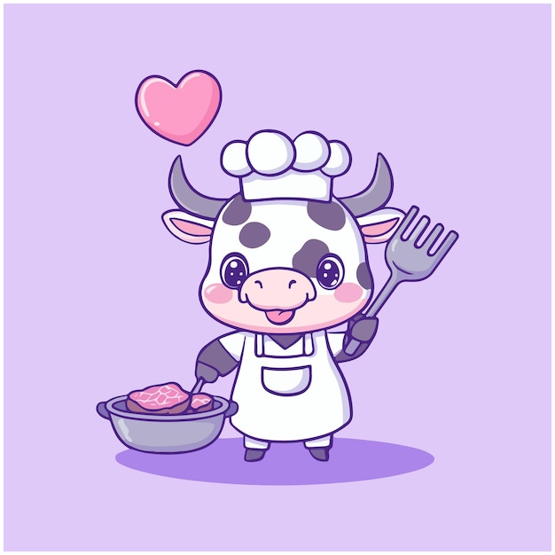 una vaca de dibujos animados con una cuchara y un tazón de comida