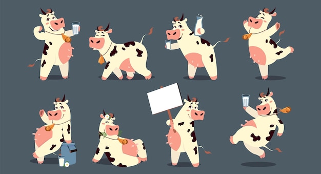 Vaca de dibujos animados Divertido animal doméstico sonriente Linda mascota amigable con campana de metal y vaso de leche Mamífero sosteniendo cartelera en blanco con espacio de copia Conjunto de talismanes de productos lácteos vectoriales