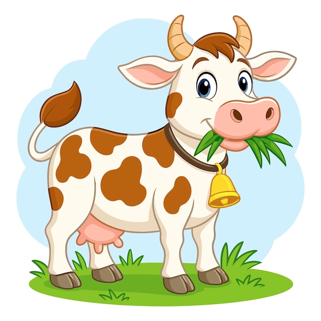 Una vaca de dibujos animados feliz comiendo hierba en un día soleado