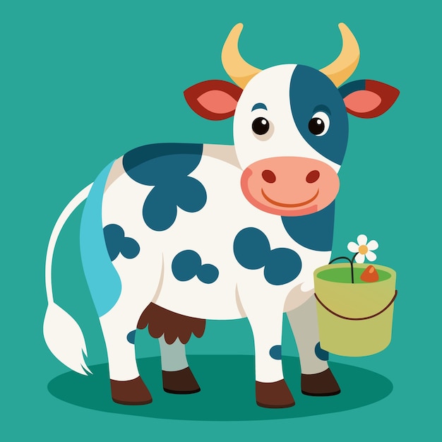 una vaca de dibujos animados con una flor en la boca y una flor en el fondo