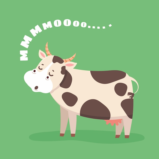 Vaca de dibujos animados. Ganado de granja feliz en campo de hierba. Linda vaca hace muuuuuucho. Leche y productos lácteos carácter animal mascota divertida o diseño de vector de logotipo para alimentos orgánicos frescos. Adorable mamífero