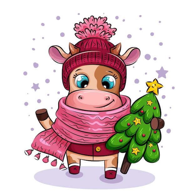 Vaca de dibujos animados lindo feliz en bufanda y gorro de punto está caminando en la nieve con árbol de Navidad con estrella dorada.