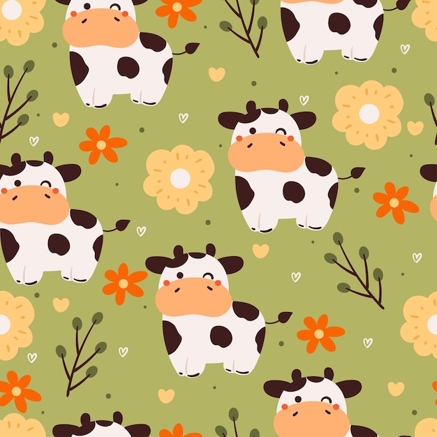 Vaca de dibujos animados de patrones sin fisuras y papel tapiz de animales lindos de flores para papel de regalo textil