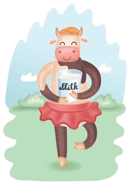 Vaca divertida bailando con patines ilustración vectorial