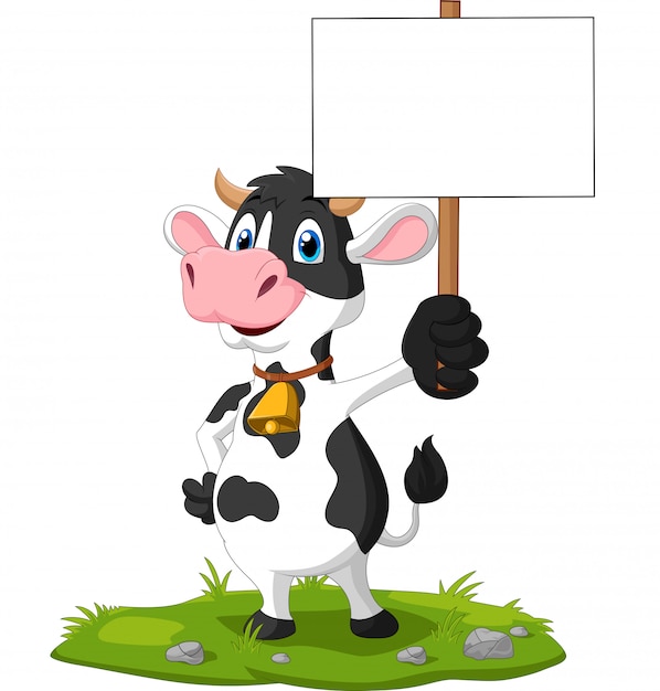 Vaca divertida de dibujos animados con cartel en blanco