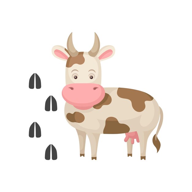 Vaca divertida y sus huellas Grandes animales de granja con cuernos Criatura doméstica Icono de estilo de dibujos animados Elemento gráfico para libros infantiles Diseño vectorial plano colorido aislado sobre fondo blanco