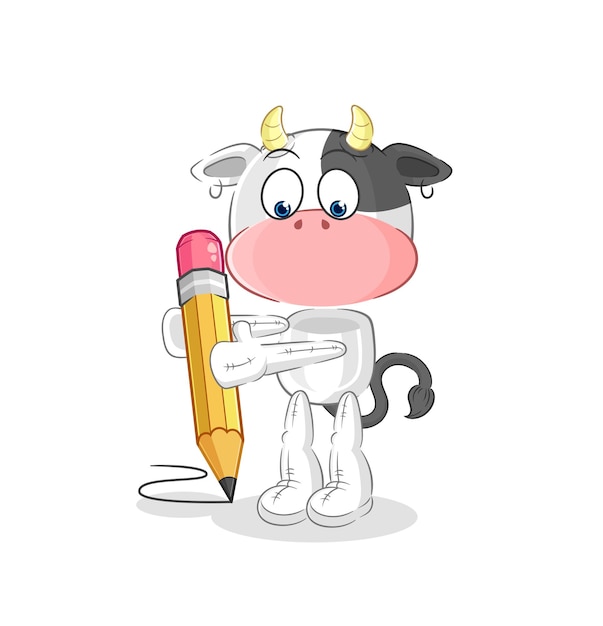 Vaca escribir con vector de mascota de dibujos animados de lápiz