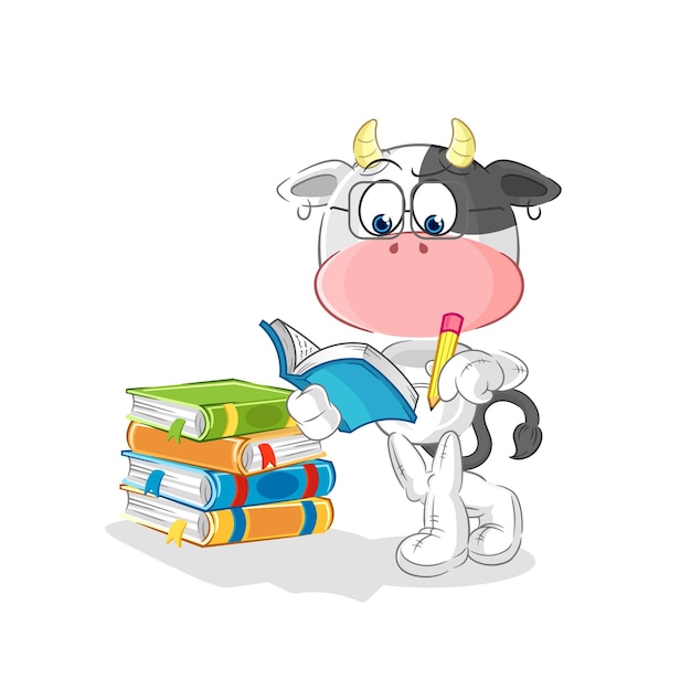 Vaca estudiando vector de dibujos animados mascota