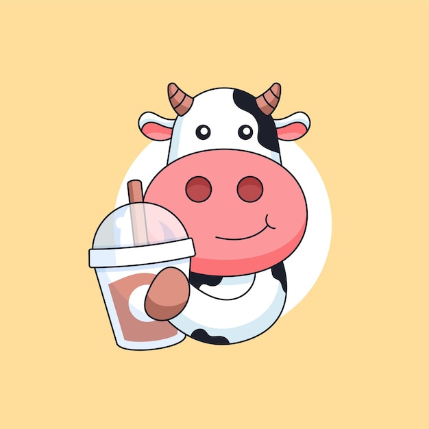 Vaca feliz con leche, té, bebida, taza, animal, mascota, caricatura, vector, ilustración