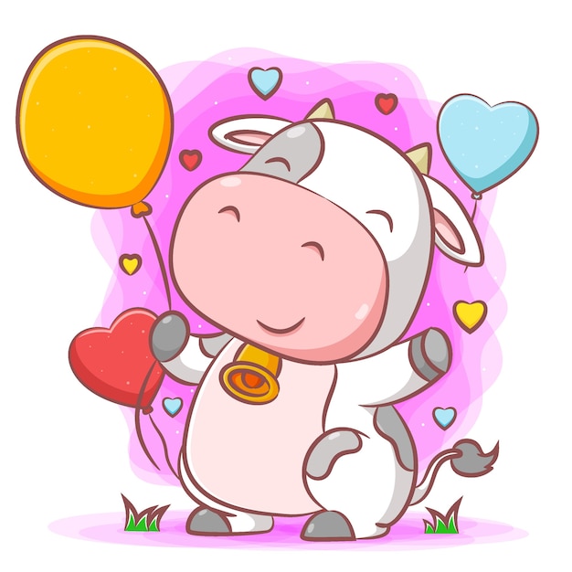vaca feliz sosteniendo los globos amarillos en la hierba