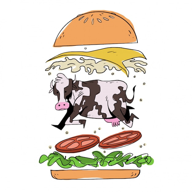 Vector vaca en una hamburguesa