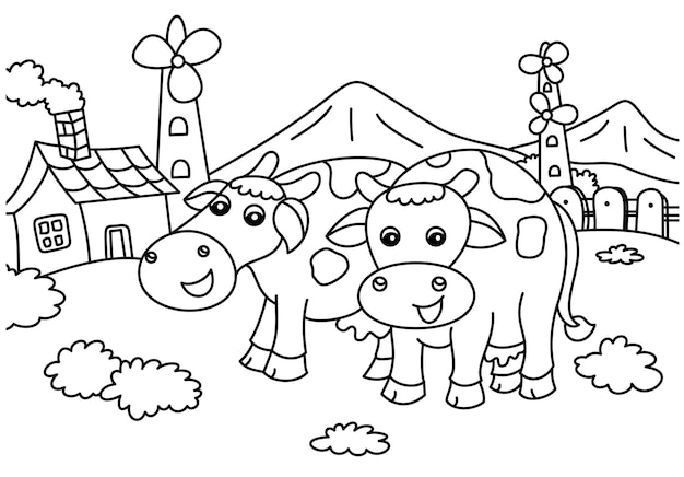 vaca en el jardín página para colorear de dibujos animados lindo para niños vector