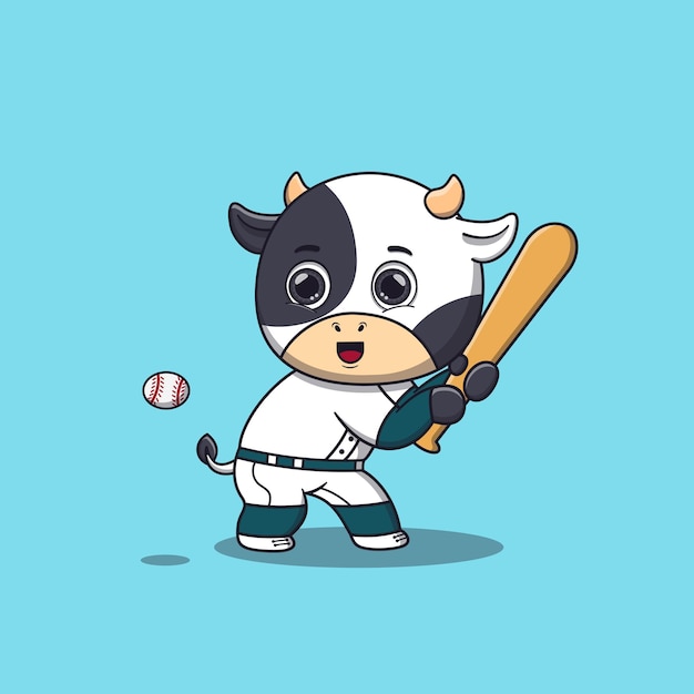 Vaca jugando vector de dibujos animados de béisbol