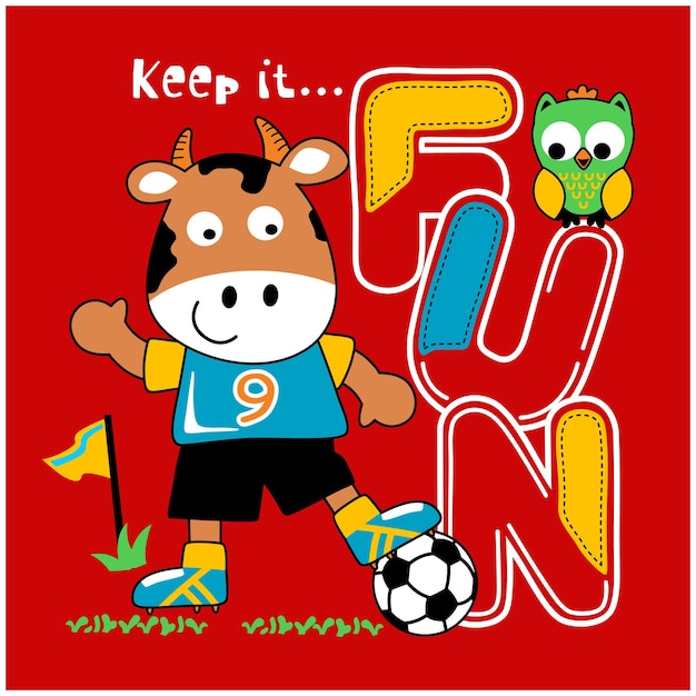 Vector vaca, jugar al fútbol, divertido, animal, caricatura