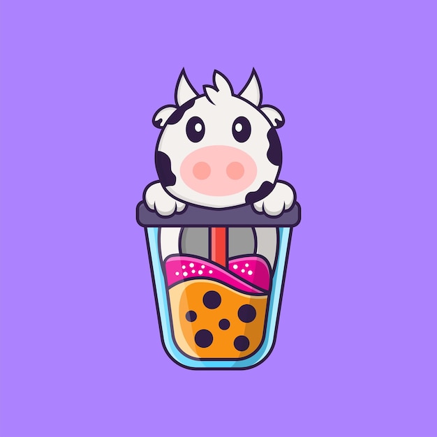 Vaca linda bebiendo té con leche de boba. concepto de dibujos animados de animales aislado. estilo de dibujos animados plana