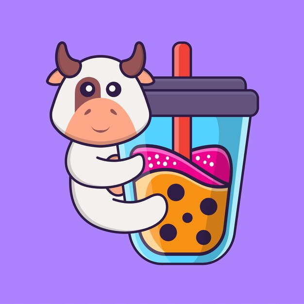 Vector vaca linda bebiendo té con leche de boba concepto de dibujos animados de animales aislado