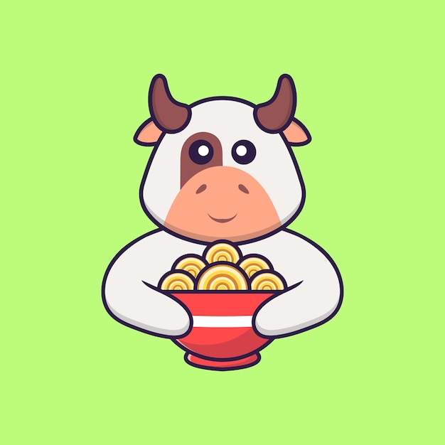 Vaca linda comiendo fideos ramen. Concepto de dibujos animados de animales aislado. Estilo de dibujos animados plana