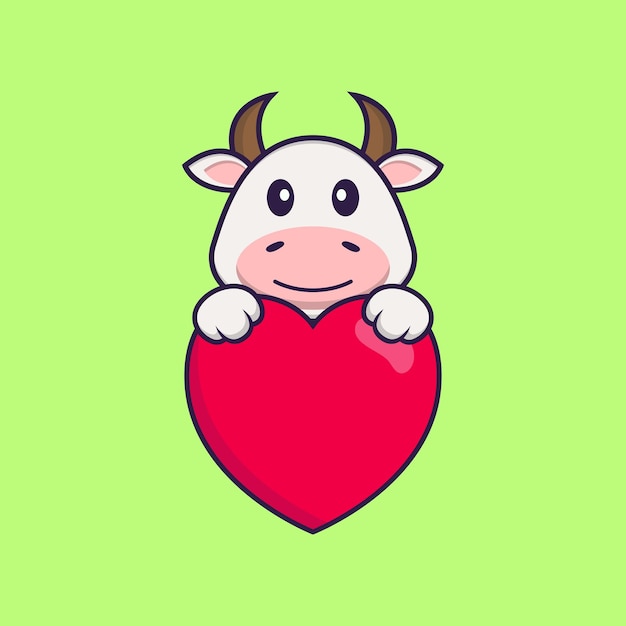 Vaca linda con un concepto de dibujos animados de animales de gran corazón rojo aislado