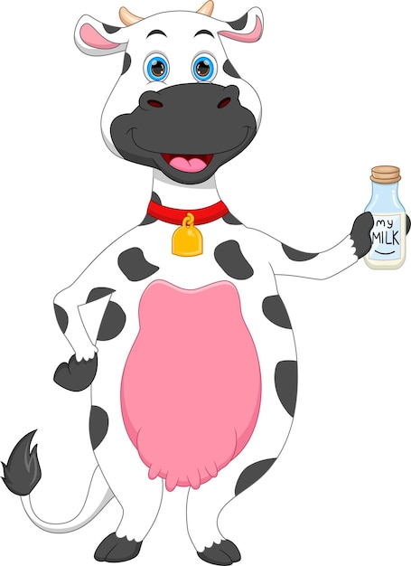 Vaca linda de dibujos animados con leche en una botella