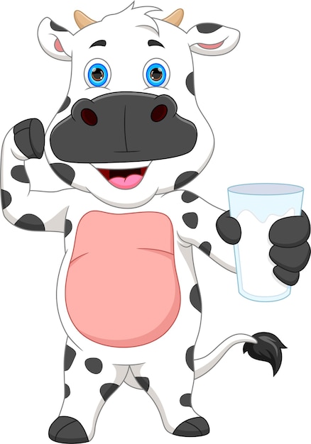 Vector vaca linda de dibujos animados con leche en un vaso