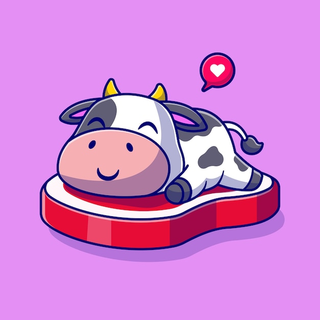 Vaca linda durmiendo en el ejemplo del icono del vector de la historieta del filete de ternera. Concepto de icono de comida animal aislado Vector Premium. Estilo de dibujos animados plana