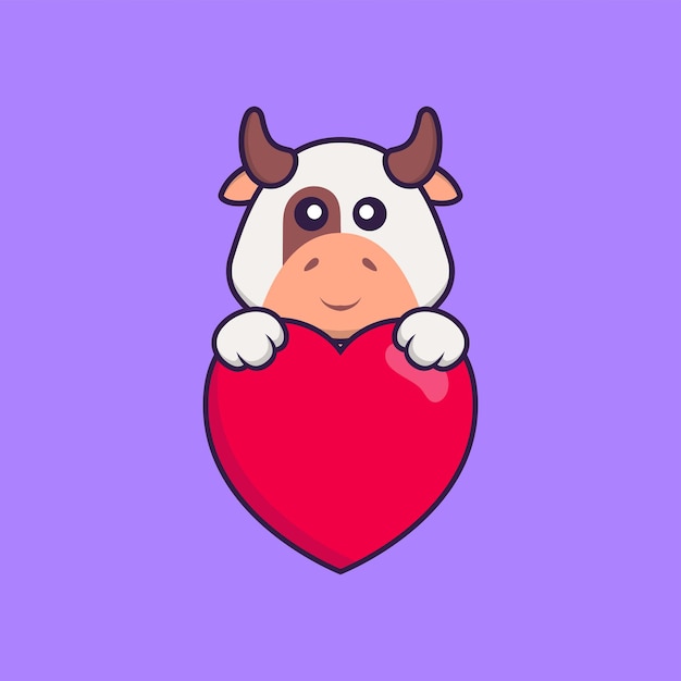 Vaca linda con un gran corazón rojo. concepto de dibujos animados de animales aislado. estilo de dibujos animados plana