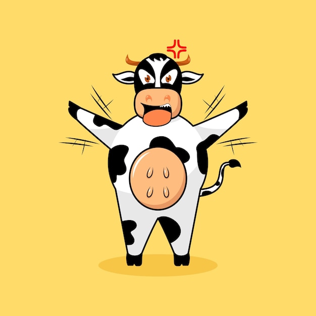Vaca linda de pie y manos extendidas con ilustración enojada. caricatura, mascota y personaje
