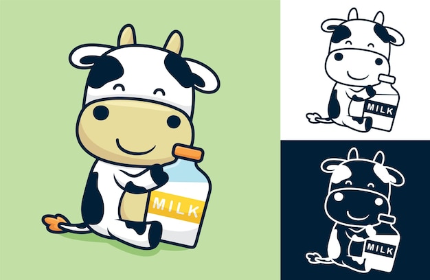 Vector vaca linda sentada mientras sostiene la botella de leche grande. ilustración de dibujos animados en estilo plano