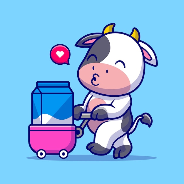 Vaca linda traer leche con ilustración de icono de vector de dibujos animados de carro. icono de bebida animal aislado plano