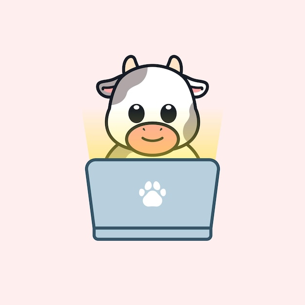 vaca linda usando la ilustración de la computadora portátil