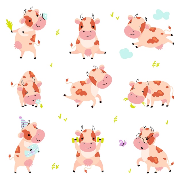 Vaca linda vacas de dibujos animados divertidos vacas lecheras animales de granja mamíferos humorísticos caminando comiendo y entrenando emotividad infantil personajes vectoriales de hoy en día