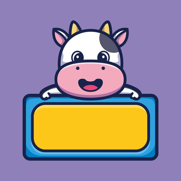 Vaca linda con vector premium de personaje de dibujos animados de tablero vacío