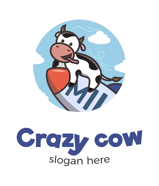 Una vaca loca vuela en un cohete a través de las nubes sacando la lengua Imagen vectorial