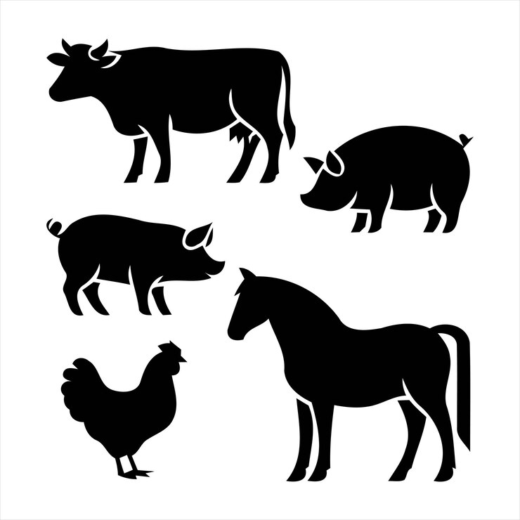 una vaca negra con una silueta negra de una vaca y un gallo